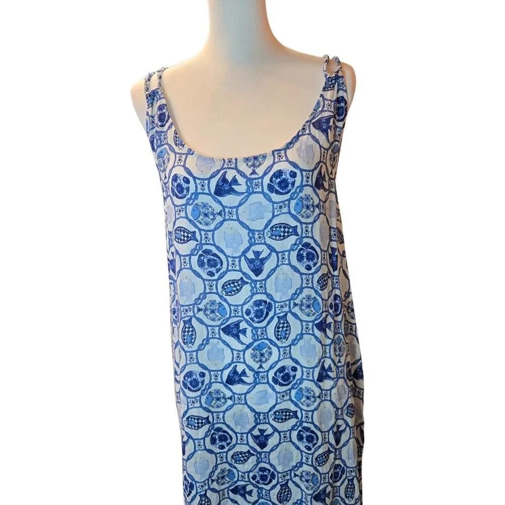 ISAAC MIZRAHI Women Linen Blend Long Dress w/ Pockets / Coverup Sz: XL Blu/Wht